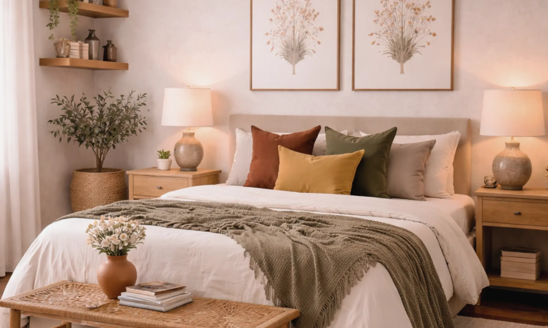 a bedroom with pillows and plush blankets