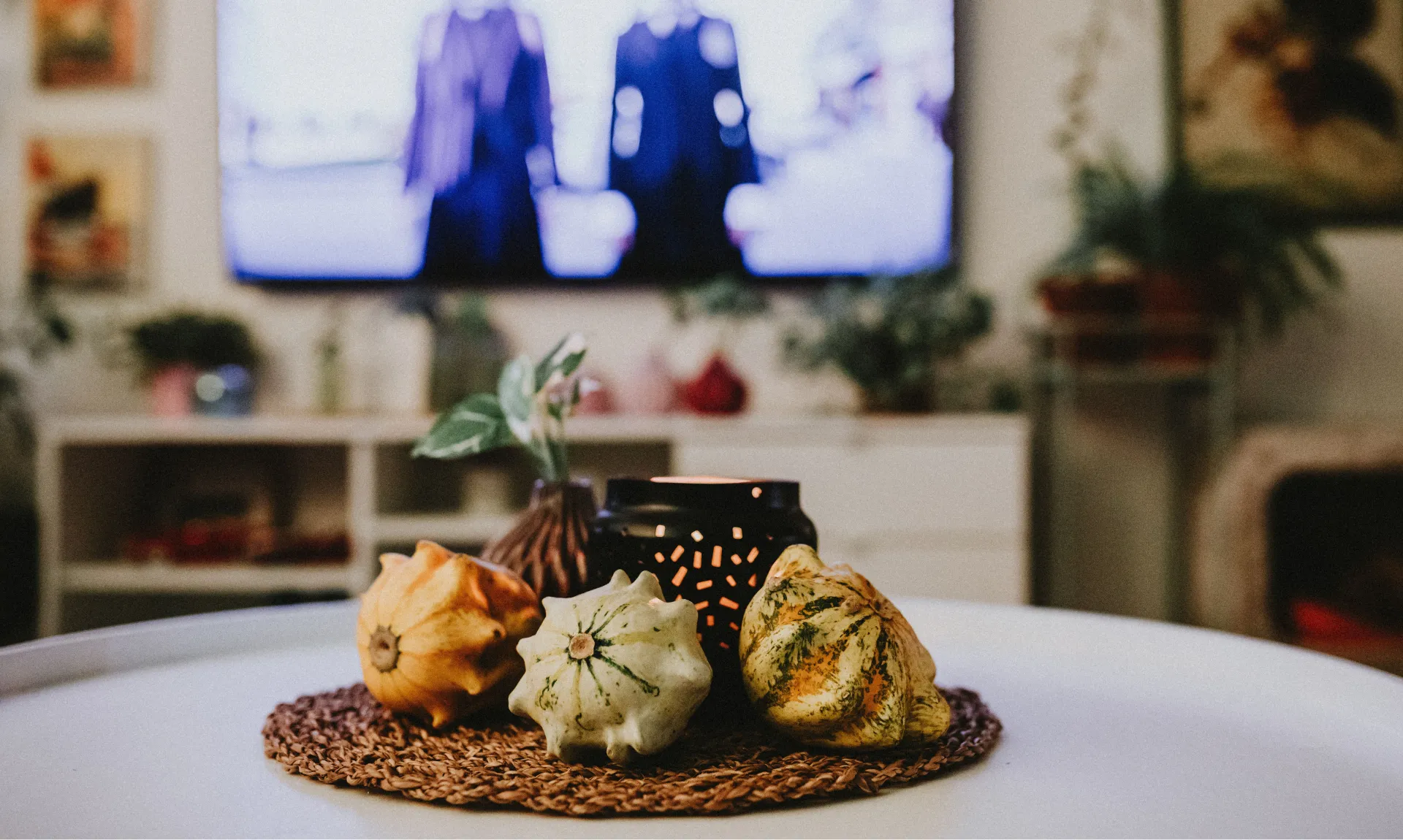 nature inspired fall decor placed on living room table