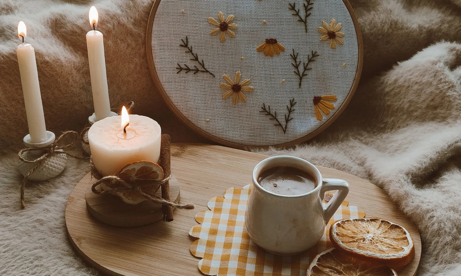 wooden tray and hot cocoa with fall decor props